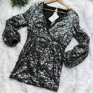 O.P. T | NWT Size Small Rumi Gunmetal Silver Sequin Bodycon Long Slv Mini Dress
